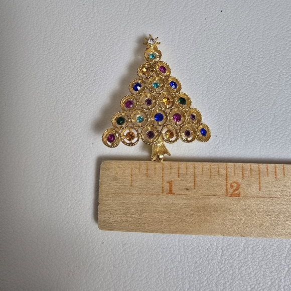 Christmas Gold Tone Pin Brooch Multi Colored Rhinestones Holidays Attire Star - Picture 5 of 8